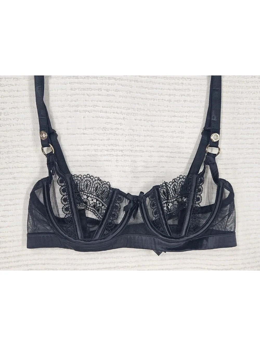 honey birdette Miss Soo Bra 10C 32C Black Boned Balconette Satin Lace Rare Luxe
